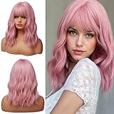 Damenperücke, kurzer rosa Bob, hitzebeständige synthetische Perücke mit Pony, violett-rosa, mit Locken und Wellenmuster, schulterlang, für Cosplay und tägliche Mode
