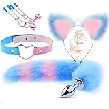 Blaues Kopfschmuck-Set Mit Kunstfellschwanz Und Katzenohren, Halloween-Party-Halskette, Anime, Cosplay, Accessoire FüR Rollenspiele Auf Partys, Geschenk FüR Paare