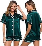 SWOMOG Damen Satin Pyjama Set Kurz Schlafanzueg Sexy V-Ausschnitt Button Down Pj Sets XXL Dunkelgrün