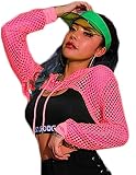 Avidlove Damen Sexy Top Langarm Oberteil Mesh Hoodie Festival Outfit Crop Shirt Neon Netzoberteil Fischnetz Kapuze Halloween Rave Rosa M