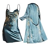 Damen Satin Sexy Morgenmantel mit Nachthemd Zweiteiliger Nachtwäsche Bademantel Kurz Seiden Blümchen Druck Spaghettiträger Satin Set Morgenmantel Lang Knielang Negligees Hochzeit 2er Pack