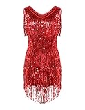 Agoky Damen Ärmellos Pailletten Kleid V-Ausschnitt Glitzer Quasten Partykleid Flapper Kostüm Tanzkleid Samba Tango Latein Outfits Rot M