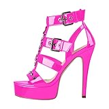 blingqueen Gotische Sandalen Punk Sandaletten High Heels T-Riemen Schaftsandalen mit Nieten Schnallen Lack Viva Magenta 46 EU