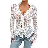 Longbluse Damen Eng Spitzen Oberteile Tief V-Ausschnitt Transparent Blumen Spitzenbluse Sexy Mesh Top Y2K Crop Top Weiß XL