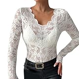 Spitzenbody Damen Bluse Transparenter Slim Fit Corsage Weiß Sheer Mesh Elegant Spitzentop Shirt Langarm Sexy Spitze Oberteil Tops Weiß L