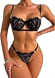 HOTSO Sexy Spitze Bügel BH und Panty Set, 2 Teilige Durchsichtig Lingerie Lace Verstellbarer Unterbrust BH Hebe und Ouvert String Tanga Damen Frauen Frech Ausgehöhlt G Strings Bikini (Schwarz, XL)