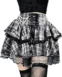 DINGJIUYAN 2-lagiger Minirock mit Ketten Gothic Y2k Rüschen Faltenröcke Steampunk Spitzensaum vorne Bandage kurzer Rock, kariert schwarz, L