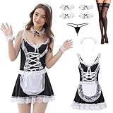 YushengTai Schwarz Weiß Maid Dress aus Spitze, Dienstmädchen Kostüm Sexy, Klassisches Maid Outfit Hosenträgerkleid, Maid Cosplay mit Stirnband, für Hochzeitsnacht, Flitterwochen, Sexy Cosplay, XL