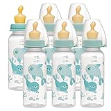 NIP PP Flasche Boy, 6er Set, Standardbabyflasche 250 ml, angenehm weiches PP, Anti-Colic Sauger Latex Größe M (Milch) inkl. Verschlußplättchen