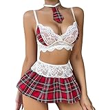 GIVTULIP Schulmädchen Dessous Set für Damen, Sexy Roleplay Reizwäsche mit kariertem Mini-Faltenrock, Crop-Top & Krawatte, 5 teiliges Cosplay Kostüm für Studentenuniform, Clubwear Unterwäsche