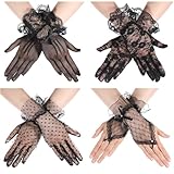 LLOUSSAK Spitzen Handschuhe, 4 Paar Netzhandschuhe Spitzen Schwarze kurze Damen Handschuhe mit Schleife für Hochzeitsessen 1980 Party Kostüme Maskerade Zubehör