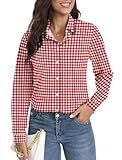 COUXILY Weiche, faltenfreie Stretch-Hemden mit Knopfleiste für Damen, atmungsaktiv, feuchtigkeitsableitend, lässig, Arbeitskleid, Tops, kariert rot, Groß