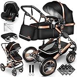 KIDUKU® 3 in 1 Kinderwagen XXL Komplettset | Kombikinderwagen Set inkl. Babywanne Buggy Sportsitz & Auto-Babyschale Fußsack | Vollgummireifen Wickeltasche Handwärmer Regenschutz Kindertisch ECE R129