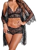 Avidlove Damen Sexy Dessous Set Spitze 3-Teilig Negilgee Unterwäsche Netz-Nachthemd Dünn Kimono Mesh Lingerie Sets Mit BH und Höschen，SchwarzM