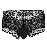 IWEMEK Männer Spitzen Unterwäsche Sissy Herren Spitze Slips G-Strings Tanga Erotik Dessous Unterhose Briefs Herren Strumpfband Unterwäsche mit Spitze Rüsche Sexy Kostüm Nachtwäsche Schwarz Rot