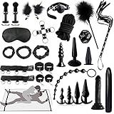 BDSM Fesseln Sex Set Perfekt Bondage Set 26 Stück,Handschellen Sex Bett Analplug Anal Dildo Penisring,Choker Nippelklemmen Nippelsauger Augenmaske Peitsche Knebel