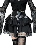 DINGJIUYAN 2-lagiger Minirock mit Ketten Gothic Y2k Rüschen Faltenröcke Steampunk Spitzensaum vorne Bandage kurzer Rock, Schwarz , M