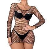IKOPFLN 1 Stück Fischnetz Oberteile für Damen Sexy Durchsichtige Dessous T-Shirt Kleid Festival Outfit Langarm Netz Tops, Netzoberteil Damen, Netzshirt Damen, Schwarz