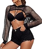 Avidlove Damen Sexy Top Langarm Oberteil Mesh Hoodie Festival Outfit Crop Shirt Neon Netzoberteil Fischnetz Kapuze Halloween Rave Schwarz S
