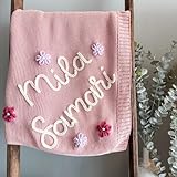 HERSTL Individuelle Handgefertigte Strickdecke Aus Baumwolle, Personalisiert, Bestickter Name, Baby Junge, Baby Mädchen, Weiche Decke, Babyparty, Atmungsaktive Kinderwagendecke(Pink)
