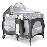 COSTWAY 5 IN 1 Babybett, tragbares Beistellbett Reisebett mit faltbaren Matratze, Wickeltisch, Baldachin, Spielbogen & Spieluhr, Stubenwagen mit Rollen, Tragetasche für Baby bis 36 Monaten (Grau)