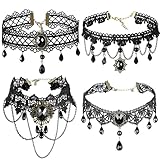 4PCS Gothic Halskette Set, Choker Kette Damen, Gothic Schmuck, Choker Schwarz, Lace Choker Halskette, Spitze Choker Halsband, Vintage Choker Lolita Kostüm Zubehör Schmuck für Karnevals Maskerade Party