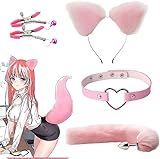 Rosa Fuchs-Kunstfellschwanz-Katzenohren-Kopfschmuck-Set, Halloween-Party-Halskette, Anime, Cosplay, Festival-Party-Rollenspiel-Accessoires, Geschenke FüR Paare