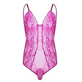 iEFiEL Herren Mesh Transparent Bodysuit Spitze Unterhemd Männer Bikini Slips Stringbody Dessous Unterwäsche Schwarz Rose Rose XXL