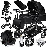 KESSER® Loops 3 in 1 Kinderwagen Kombikinderwagen Komplett-Set inkl. Babywanne & Buggy Sportsitz & Auto-Babyschale Voll-Gummireifen Wickeltasche Regenschutz Kindertisch ECE R129, Schwarz/Schwarz