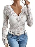 Adigau Damen Spitze Oberteil Langarm Durchsichtige Spitzenbluse Frauen Y2K mit Blumenmuster Durchsichtige Schmale Passform Top Weiß XL