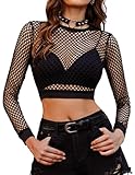 Avidlove Damen Mesh Top Sexy Bluse Langarm Clubwear Netz Crop Freizeit Oberteil Rundhalsausschnitt Shirt Netzoberteil SchwarzXL