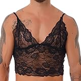 Agoky Herren Sissy Unterhemd Tief V Ausschnitt BH Hemden Durchsichtig Träger Shirt Partytop Party Club Cosplay Unterwäsche Verkleidung Schwarz M