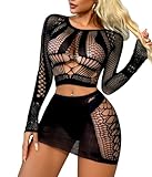 Buitifo Frauen Dessous Set Sexy Mesh Two Piece Sets Langarm Tops und Bodycon Röcke（Schwarz,Einheitsgröße