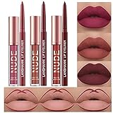 6 Stück Matt Lippenstift & Lip Liner Set, Velvety Nude Lipstick, Stay On 24 Hours Waterproof Non-Stick Cup Not Fade Liquid Lipstick, Lip Liner Lip Gloss Make Up Gift Set (Set D)
