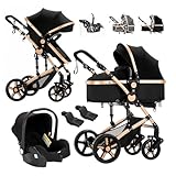 Reenborn Kinderwagen 3 in 1, Buggy mit Zwei Umkehrbaren Schiebemodi, Kinderwagen mit Rahmen Aluminiumlegierung, Kinderwagen 3 in 1 Komplettset mit Ein-Klick-Faltdesign Hohe Landschaft (588 Black Gold)
