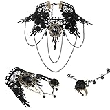 Schwarz Gotisch Choker Halskette mit Armband Set Spitze Halsband und Punk Vintage Handgefertigtes Retro Armband mit Perlen Anhänger Lolita Schmuck Set für Halloween Damen