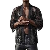 Herren Strickjacke Muskel Transparent Shirts Langarm Netz Unterhemd Muskel Transparent Strickjacke Netz Hemden Langarm Top Sommer Einfarbig Durchsichtig Cardigan für Männer