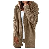 Damen Strickjacke Langarm Lang Strickmantel Longstrickjacke Lose mit Kapuze Strickjacke Strickcardigan Bequem Gestrickt Grobstrick Große Größen Übergangsjacke Grobstrick-Cardigan Wintermäntel Khaki M