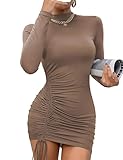 Rongseng Damen Figurbetontes Kleid Stehkragen Bodycon Minikleid Langarm Herbstkleid Sexy Partykleid mit Schnürzug Figurbetontes Stretch Freizeitkleid mit Kordelzug Mode Eng Kleider
