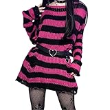 YASHANG Damen Gothic Punk Grunge Pullover Langarm Rundhals Oversize Gestreifte Zerrissene Lange Strickpullover Pulloverkleid Longpullover Oberteile Tops (Einheitsgröße, Rosa)