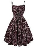 SCARLET DARKNESS Damen Rockabilly Blumenkleid Hohe Taille mit Tasche Milkmaid Kleid Schwarz Rosa Blumen M