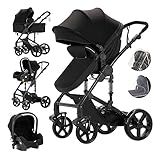 MoLi Kinderwagen 3 in 1, Kinderwagen mit Umkehrbarem Doppelschiebemodus, Buggy mit Großer Bequemer Babywanne, Kombikinderwagen 3 in 1 Rahmen Aluminiumlegierung Faltbar Hohe Landschaft (588 Black)