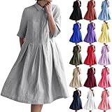 Hemdkleid Damen Sommer Hemdblusenkleid mit 1/2 Ärmeln Elegant Kleider Knielang Damenkleid Baumwolle Leinen Sommerkleid Revers Einreihiges Leinenhemd Casual Wickelkleid Strandkleid