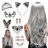 Perücke Halloween Damen 12er Set, 70cm Lang Wellte Lockig, mit Haarnetz, Spitzenhandschuhe,Spitze Maske, Stirnband,Gotisch Halskette Armbänder und Gothic ohrringe für Halloween Party,Rollenspiel (B)