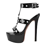blingqueen Damen Punk Sandaletten Plateau Stiletto Sandalen High Heels Riemchensandalen mit Nieten Metallic Lack Schwarz 46 EU