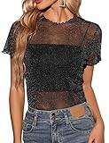 Tuopuda Mesh Oberteile Damen Durchsichtige Netzoberteil Schwarzes Netzstoff Tops Langarm/Kurzarm Tshirt Netz Sommertop Mesh-Oberteil für Outfit Party, G, M
