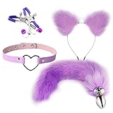 Lila Fuchs-Kunstfellschwanz-Katzenohren-Kopfschmuck-Set, Halloween-Party-Halskette, Anime, Cosplay, Festival-Party-Rollenspiel-Accessoires, Geschenke FüR Paare