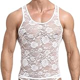 DKEGIFF Herren-Spitzenhemd, durchsichtig, Tanktop, ärmellos, Fischnetz, durchsichtige Unterwäsche, Sissy-Dessous für Crossdresser, Weiss/opulenter Garten, L