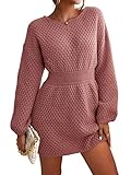CUPSHE Damen Strickkleid Pulloverkleid Rundhals Grobstrick Strukturierter Pulli Lässig Knit Sweater Tunika Mini Dress Rosa L