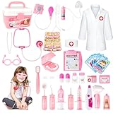 deAO Kinder-Rollenspielset für Zahnärzte, Chirurgen und Tierärzte, 30 Teile mit Licht und Ton, einschließlich elektronischem Stethoskop, Laborkappe und medizinischen Spielgeräten (Pink)